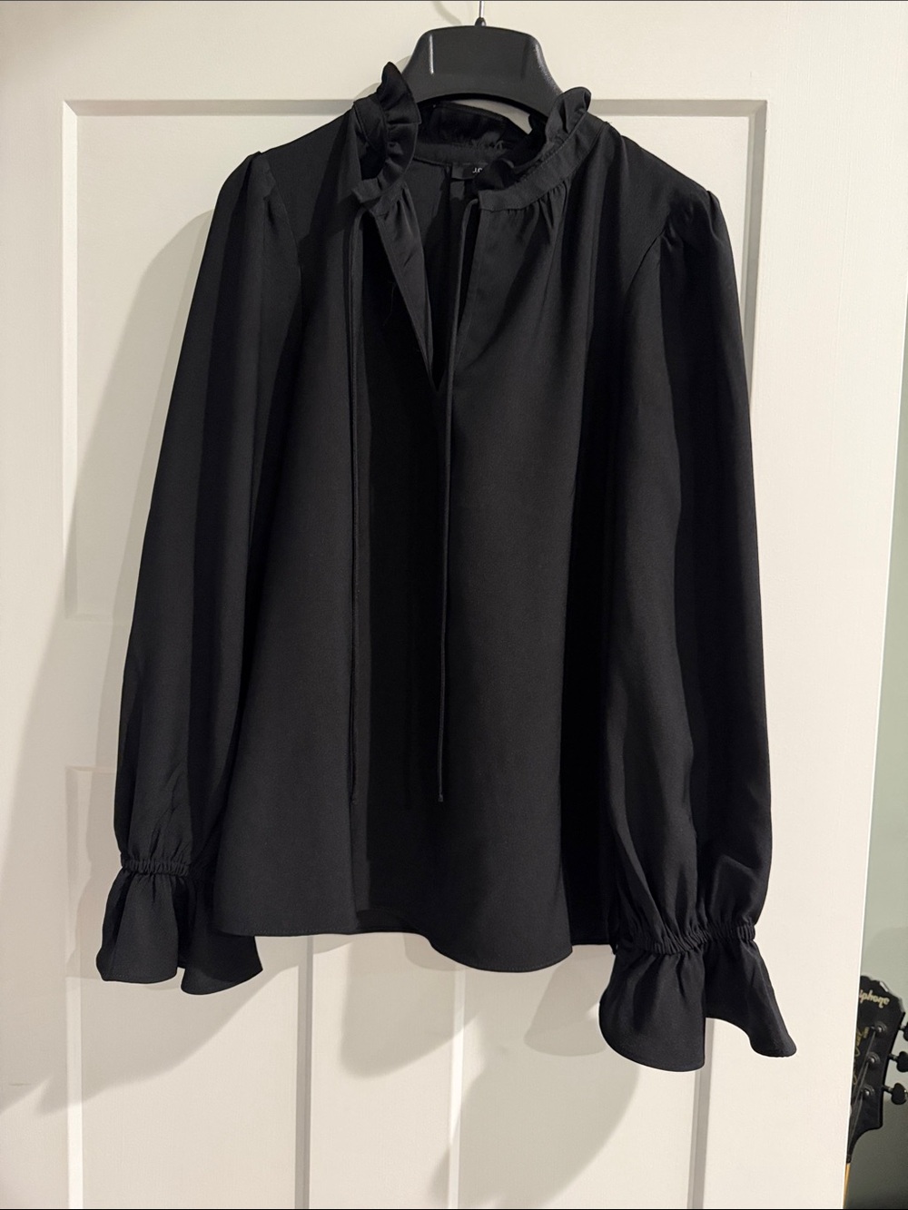 J. Crew Black Ruffle-Neck Tie Blouse with Gathered Cuffs